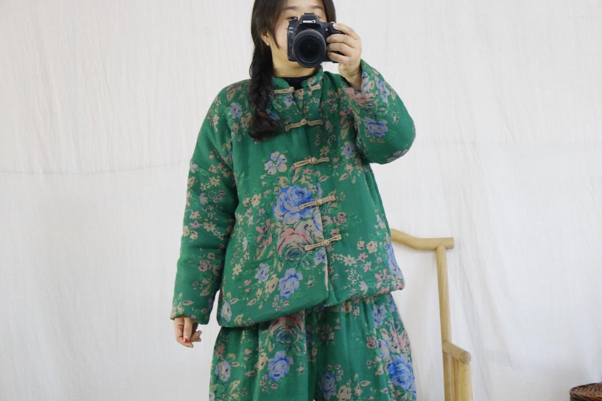 

Women's Trench Coats Cotton Linen Women Parkas Vintage Print Floral Cardigan Padded Clothing Buckle Retro Loose Winter Ladies Coat