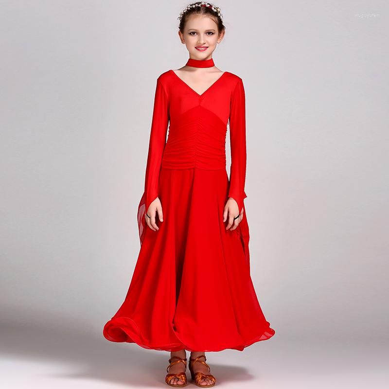 

Stage Wear Long Sleeves Standard Competition Ballroom Dance Dress Fo Girl Kids One Piece Child Modern/Waltz/Latin Dancing/Dancewear, White
