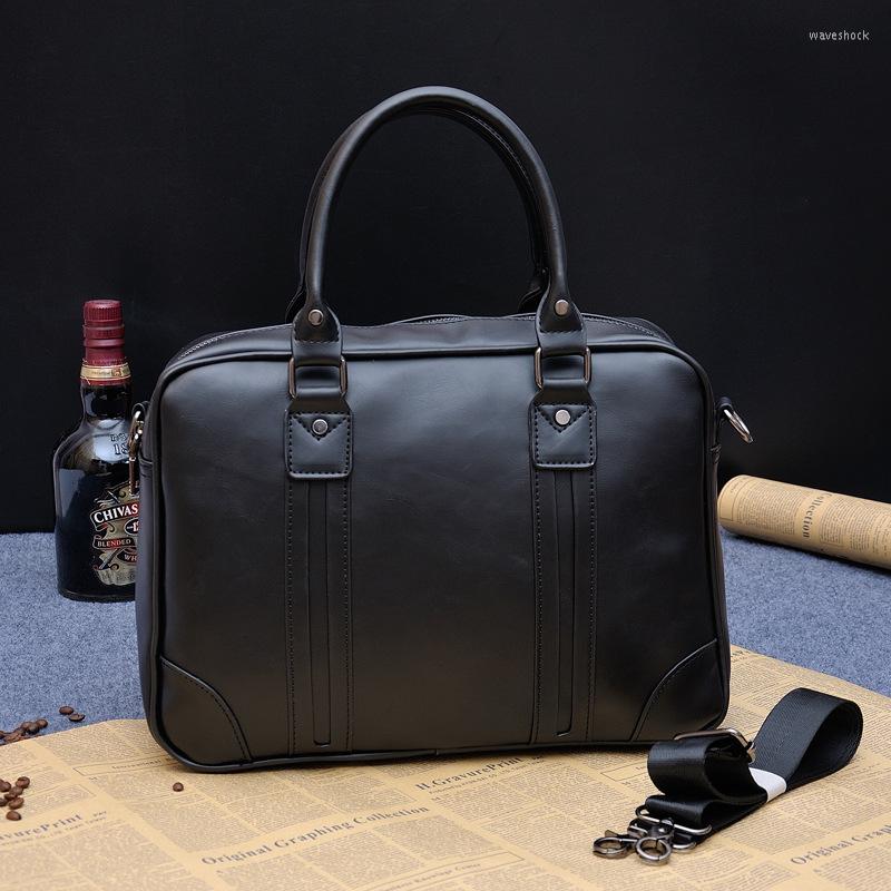 

Briefcases Brand Man Briefcase PU Leather Men Bag Fashion Male Shoulder Laptop Retro Handbag Business Men's Messenger, Black
