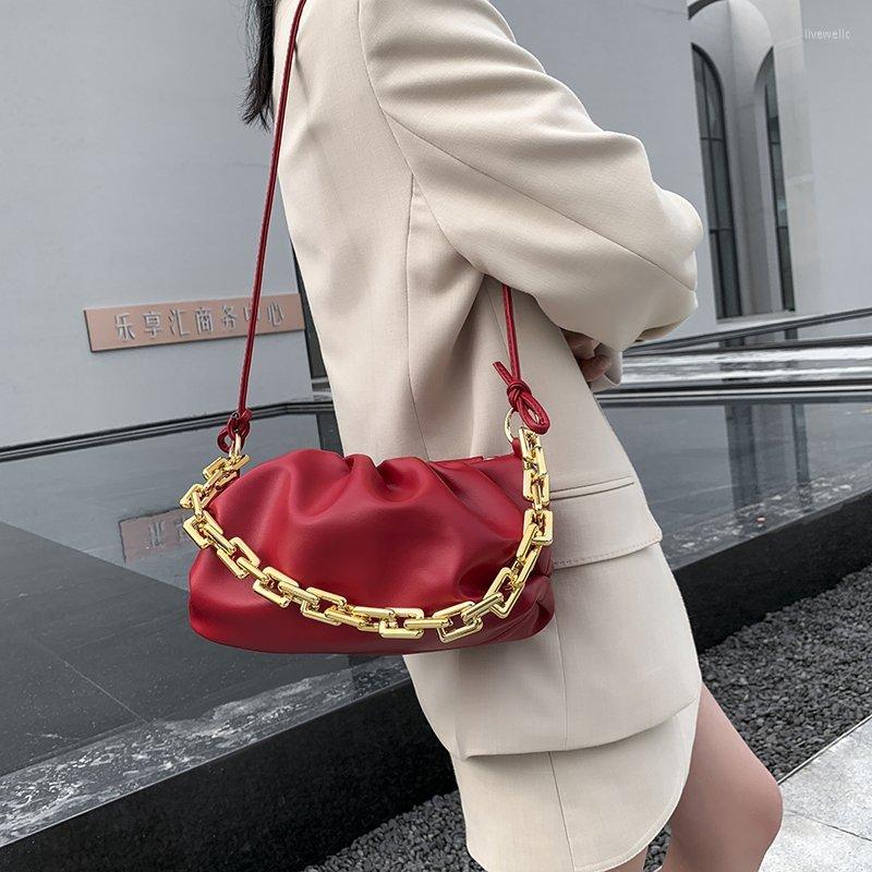 

Evening Bags Women's Shoulder Bag Soft PU Leather Fashion Candy Color Girls Underarm Plicated Crossbody With Metal Chain Strap, Black