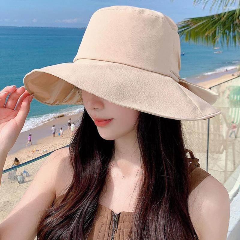 

Wide Brim Hats Women Fisherman Hat Bow-knot Decor Solid Color Sunshade Decorative Anti-UV Breathable Flat Top Bucket, White