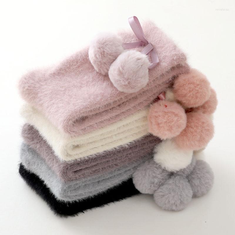 

Women Socks Ladies Mid-tube Imitation Mink Pure Color Hair Ball Cute Thick Floor, A1