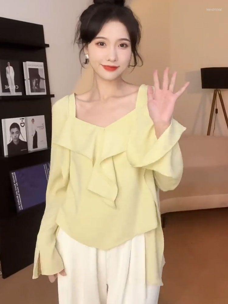 

Women' Blouses 2023 Spring And Fall Women Blouse French Style Ruffled Edge Fashion Square Collar Gentle Design Pretty, Yellow