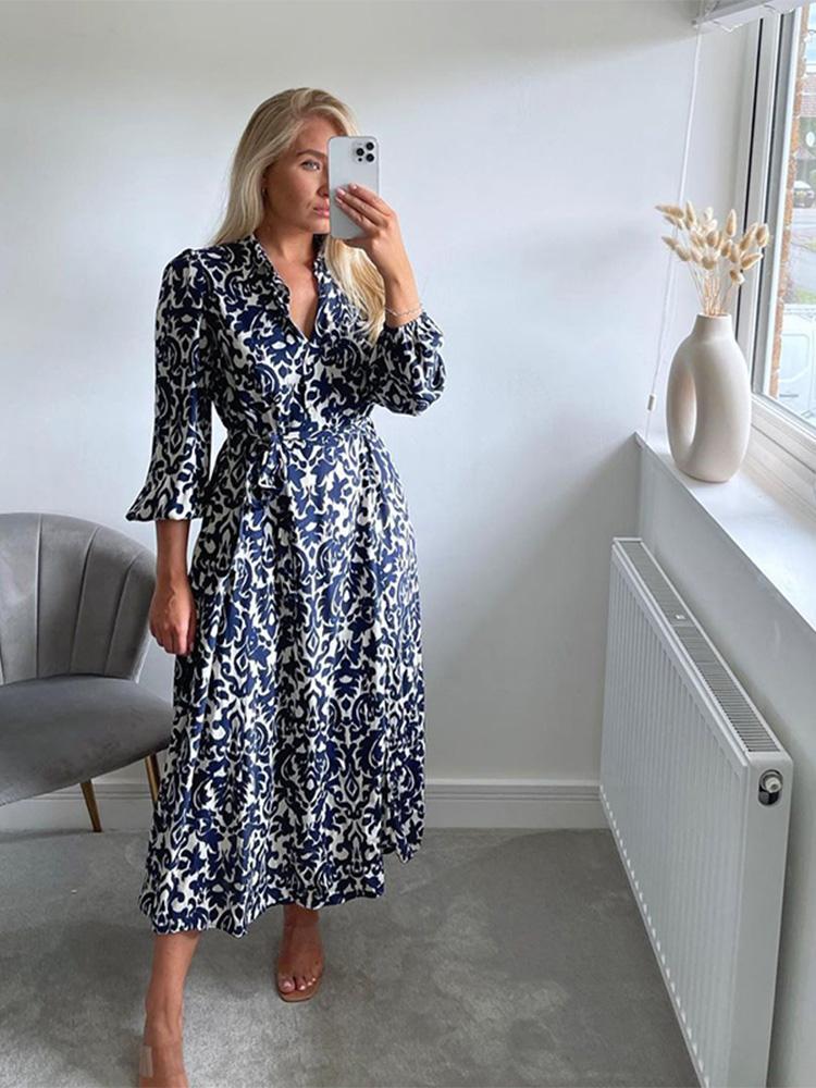 

Dresses Women Vintage Print Shirt Dress Ladies Casual Slim Lace Up Belt One Piece Dress 2022 Summer Female Fashion Long Sleeve Robe, As picture
