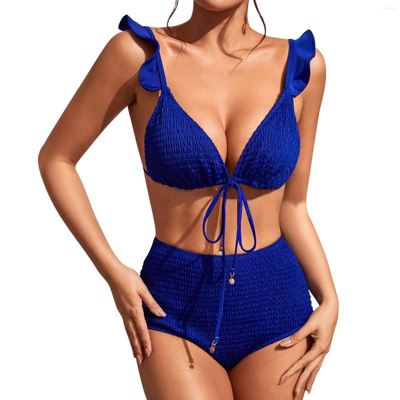 

Women' Swimwear Ladies Sexy High Waist Backless Bikini Strap Solid Color Ruched Two Piece Swimsuit Womens 1 Swimsuits Athletic, Blue