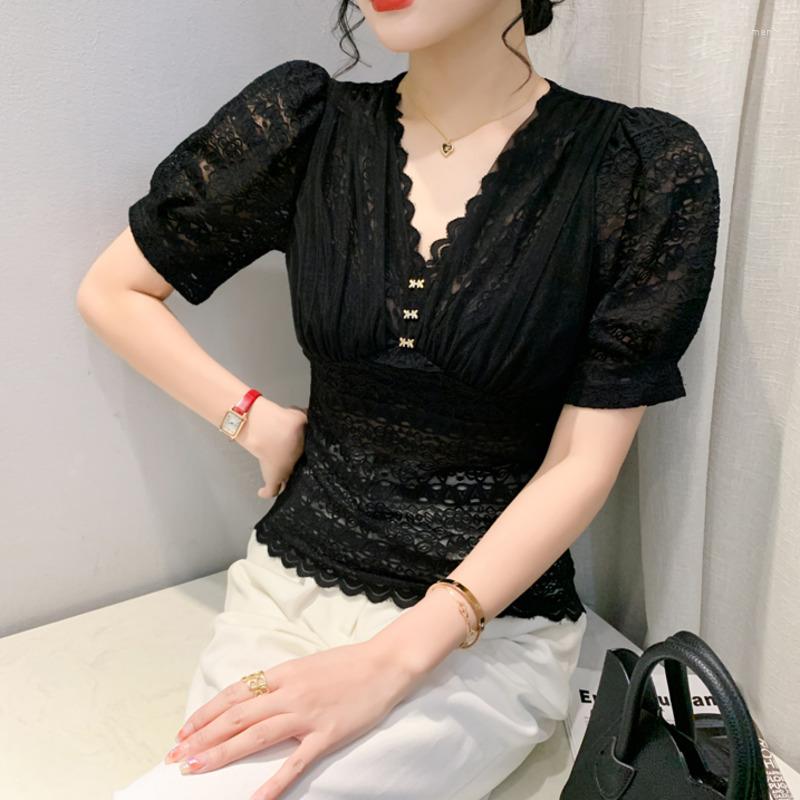 

Women's T Shirts #6307 Black Pink Beige Lace Shirt Women V-neck Buttons Sexy Short T-shirt Puff Sleeve Vintage Perspective Tshirt Summer