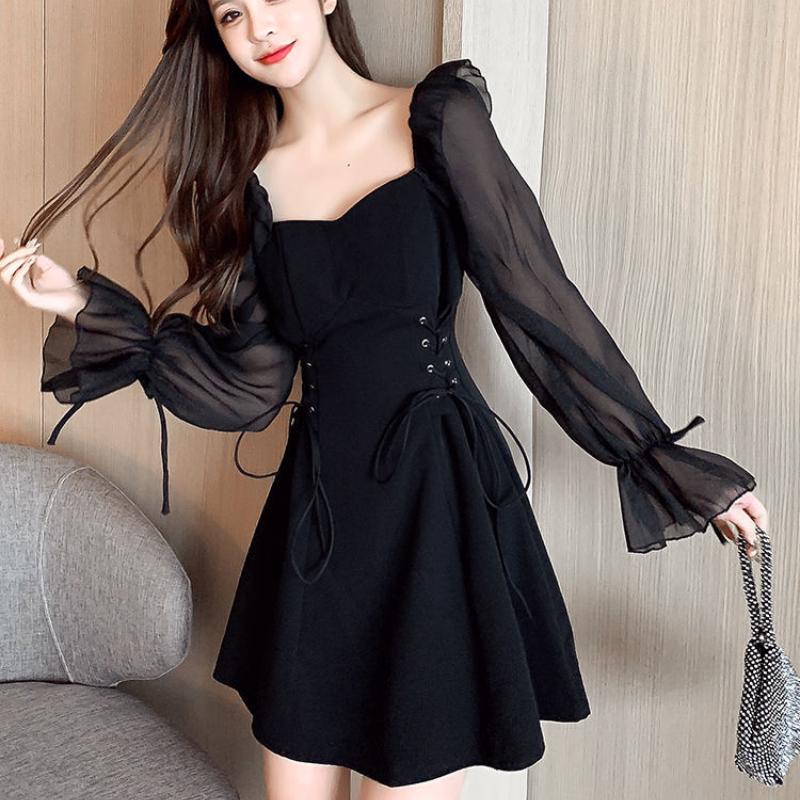 

Dresses 2023 Spring New Women Fashion Elegant Dress French Style Square Collar Slim Aline Robe Sweet Mesh Patchwork Puff Sleeve Vestido, Black