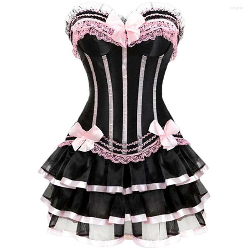 

Bustiers & Corsets Burlesque Dancer Dress Striped Floral Lace Up Overbust Bustier With Skirt Set Tutu Corselet For Women Plus Size Costume, Pink suit