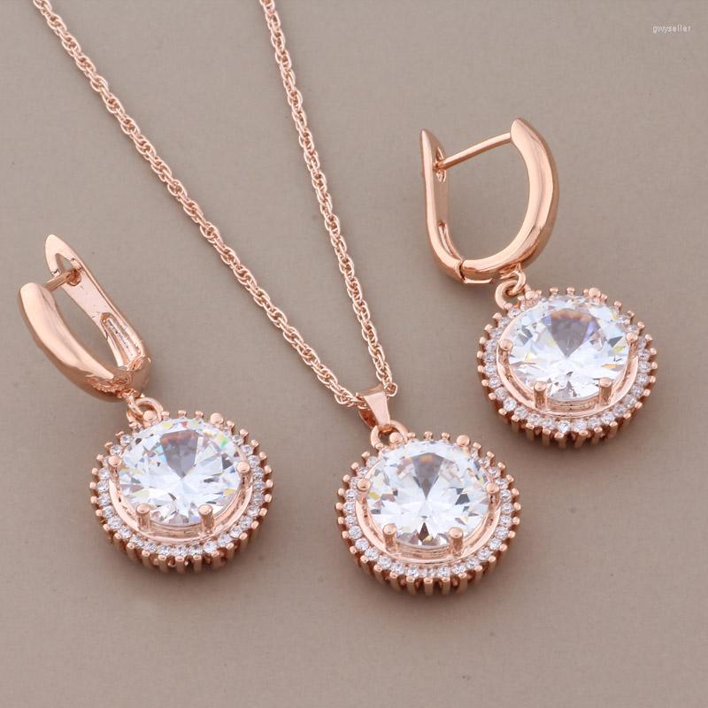 

Necklace Earrings Set Trend 2023 Rose Gold Color High Quality White Natural Zircon Round Luxury Elegant Women's Jewelry, Picture shown