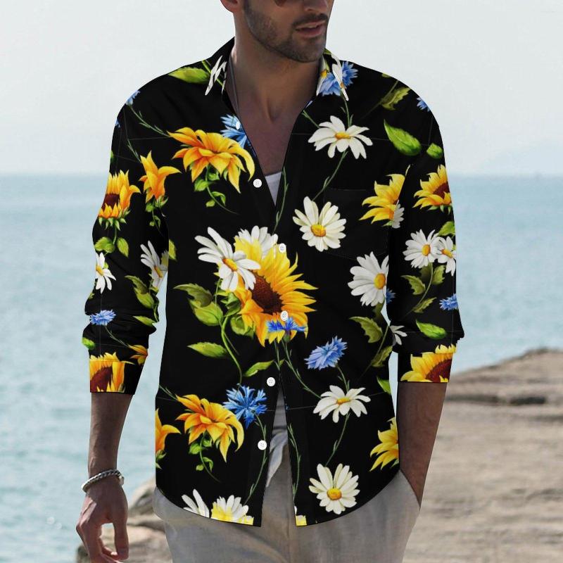 

Men' Casual Shirts Yellow Sunflower Shirt White Blue Flowers Print Long Sleeve Graphic Funny Blouses Autumn Trendy Oversized Tops, Style-5
