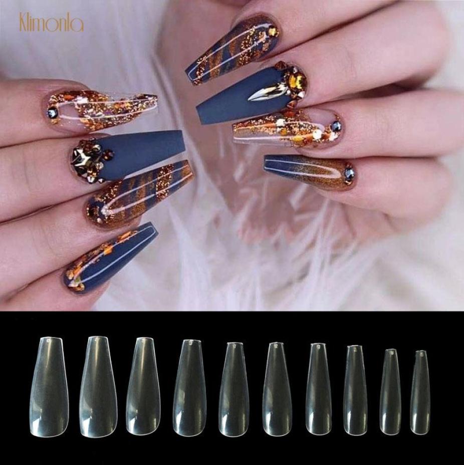 

500pcs 10 Sizes Long Coffin Stiletto Nails Transparent Full Cover False Nail Tips ABS Ballet Fake Nails New Design6661372, Multi
