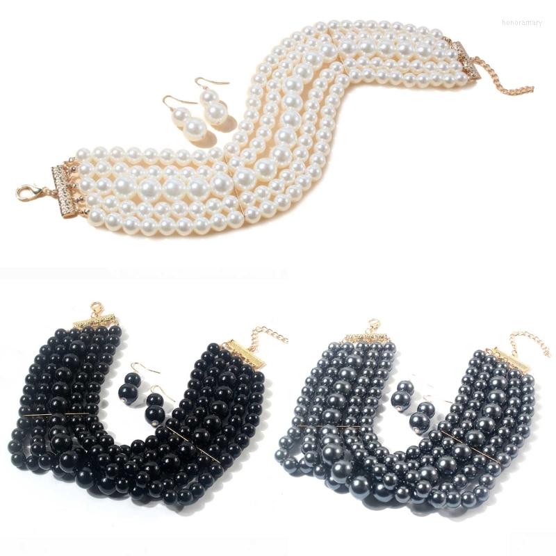

Necklace Earrings Set Fashion Faux Pearl Layered And Vintage Choker Jewelry Multi-Strand Necklaces, Picture shown