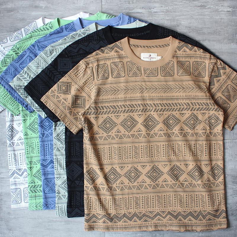 

Men's T Shirts Summer American Retro Short Sleeve O-neck Geometric Printed T-shirt Men's Fashion Cotton Washed Old Loose Casual Tops, Blue
