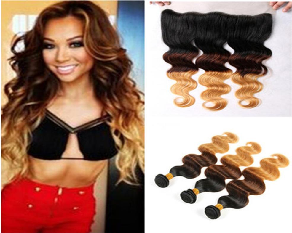 

Body Wave 1b 4 27 Honey Blonde Human Hair Bundles With Lace Frontal Closure Dark Roots Hair Wefts With Lace Frontal 1343432390, Ombre color