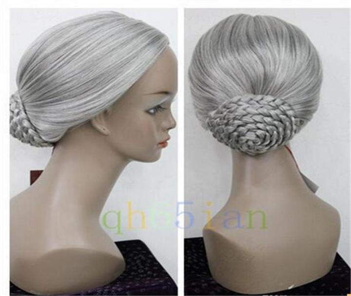 

New Retro Gray Braid Hair Bun Women Granny Party Cosplay Wigs3947319, Mix color