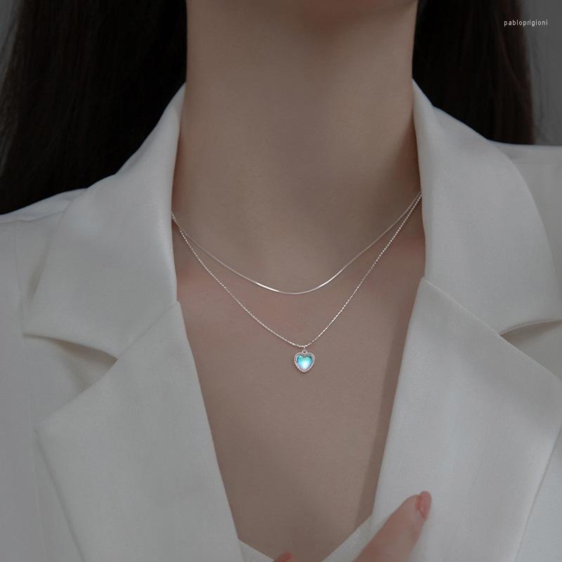 

Chains Fashion 925 Sterling Silver Double Layer Moonlight Stone Necklace Sparkling Heart Shaped Pendant Collar Chain Feminine Jewelry