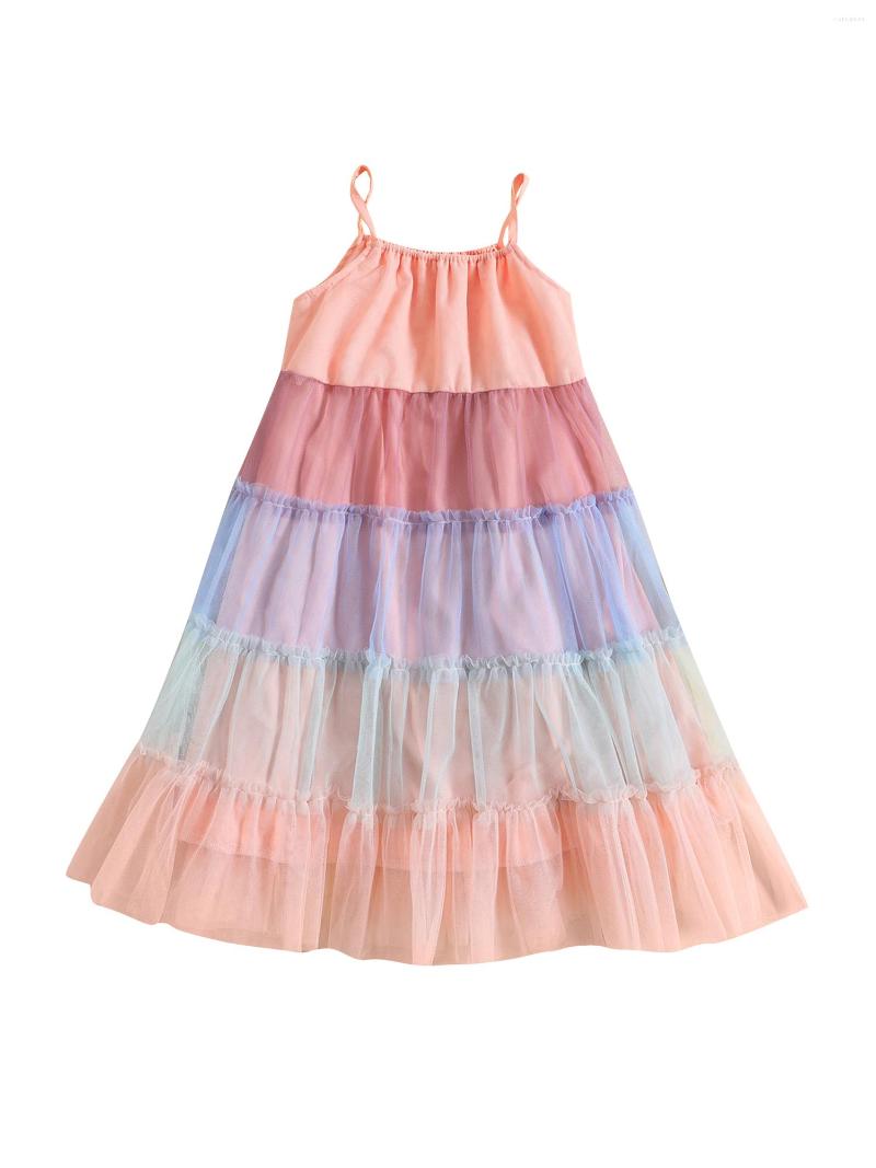 

Girl Dresses Kids Toddler Little Girls Casual Dress Rainbow Sleeveless Mesh Patchwork Pleated For Beach Party, Colorful
