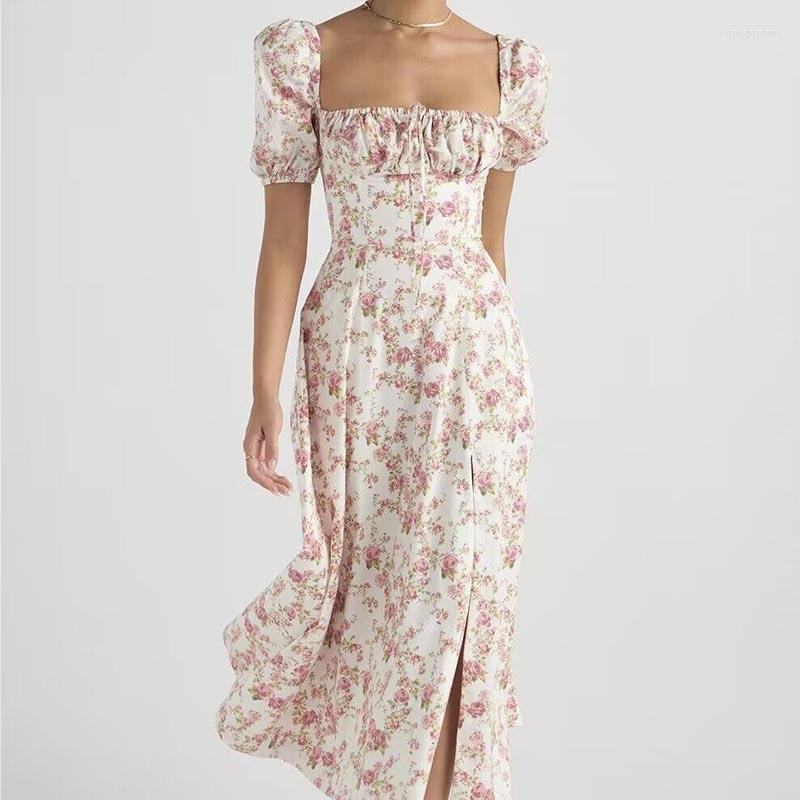

Party Dresses Summer Sweet Flower Printed Slim Dress For Women French Style Slash Neck Split Ladies Elegant Puff Sleeve Robe 26716, Pink flowers