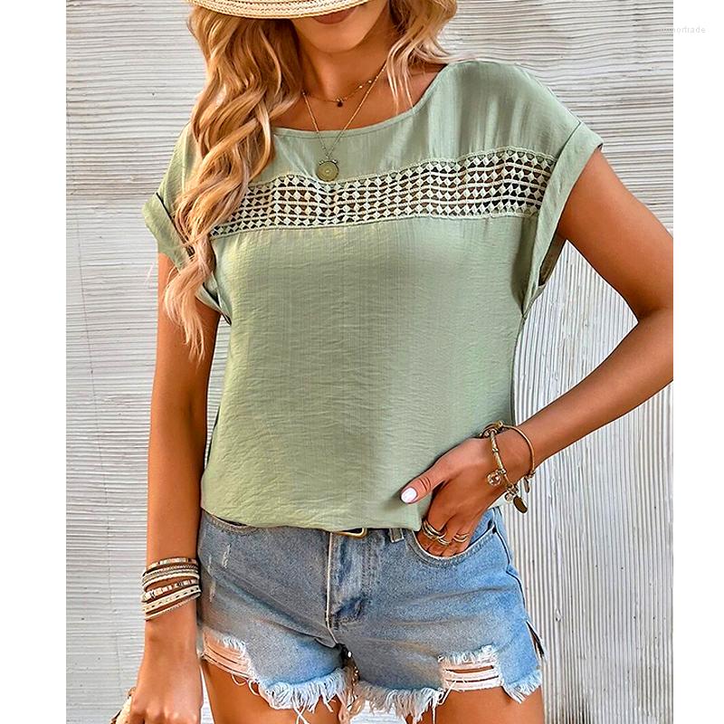 

Women' T Shirts Women Pullover Short Sleeve O-Neck Female T-Shirt Hollow Out Design Solid Color Lace Decor Ladies Tops Casual Summer, Khaki