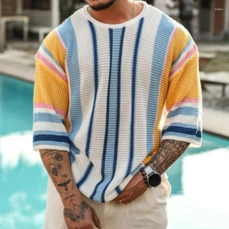 

Men's T Shirts Men's Loose Fit Vacation Casual Striped Spliced Fashion Knitted Sweater T-shirt, Multi