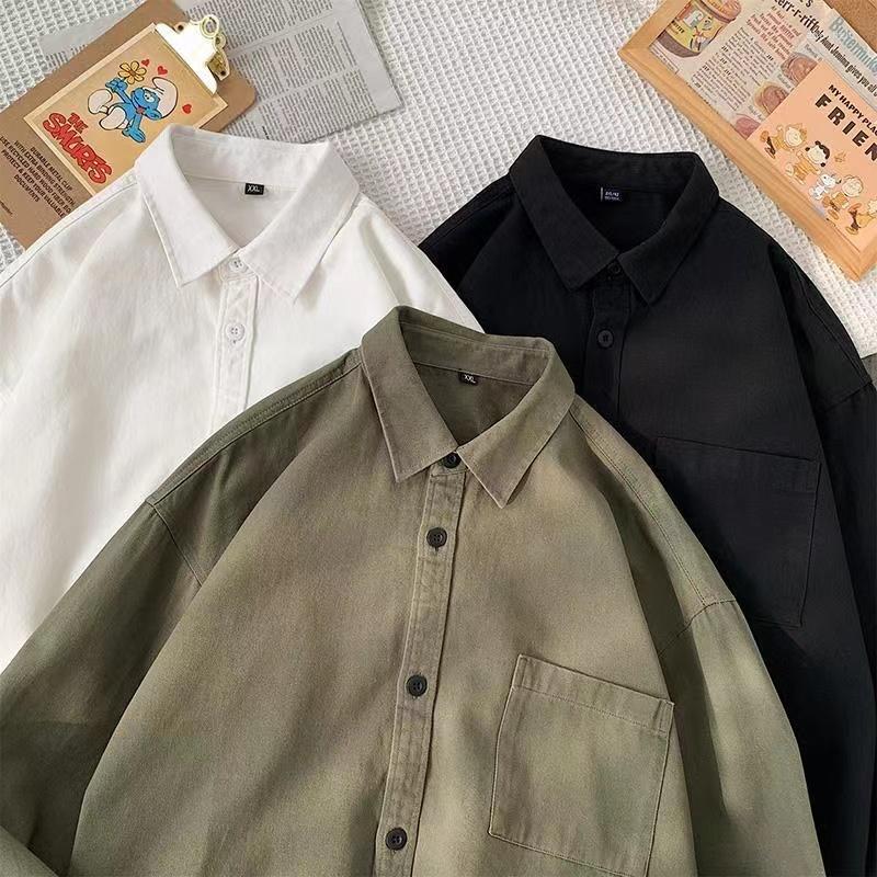 

Men's Casual Shirts Cotton Shirt Long Sleeve Men's Wear Tide INS Japanese Overalls Back Spring Coat, Ivory