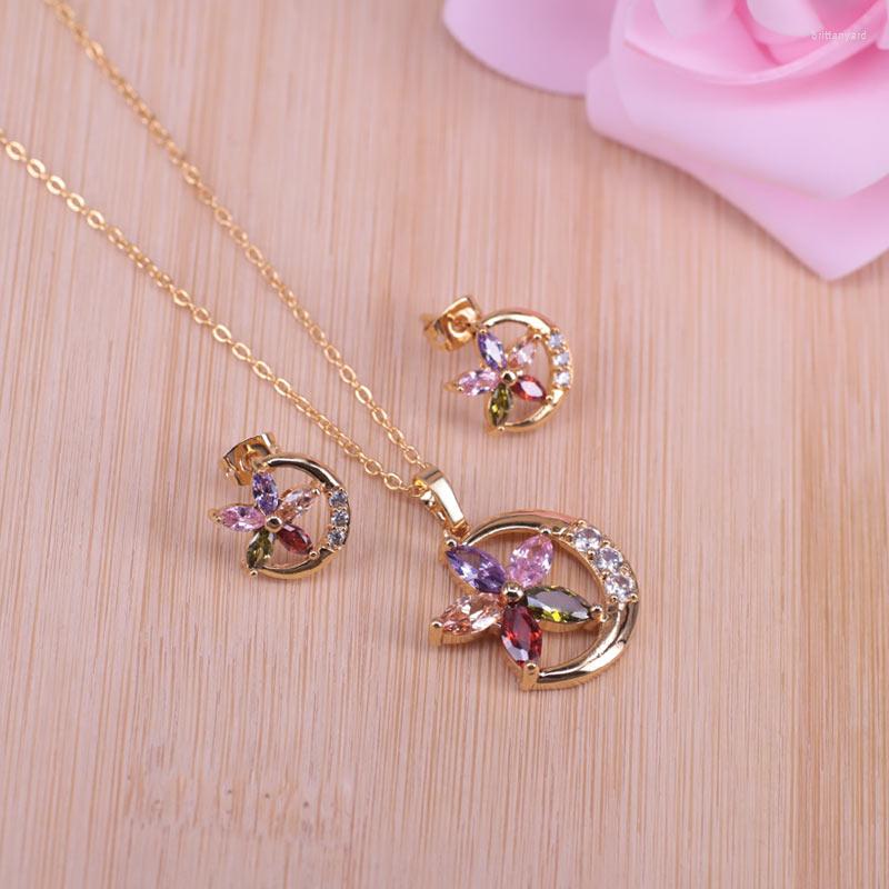 

Necklace Earrings Set Israel Style Fashion Gold Color Jewelry For Women Flower Square Muliticolor Cubic Zircon Present, Picture shown