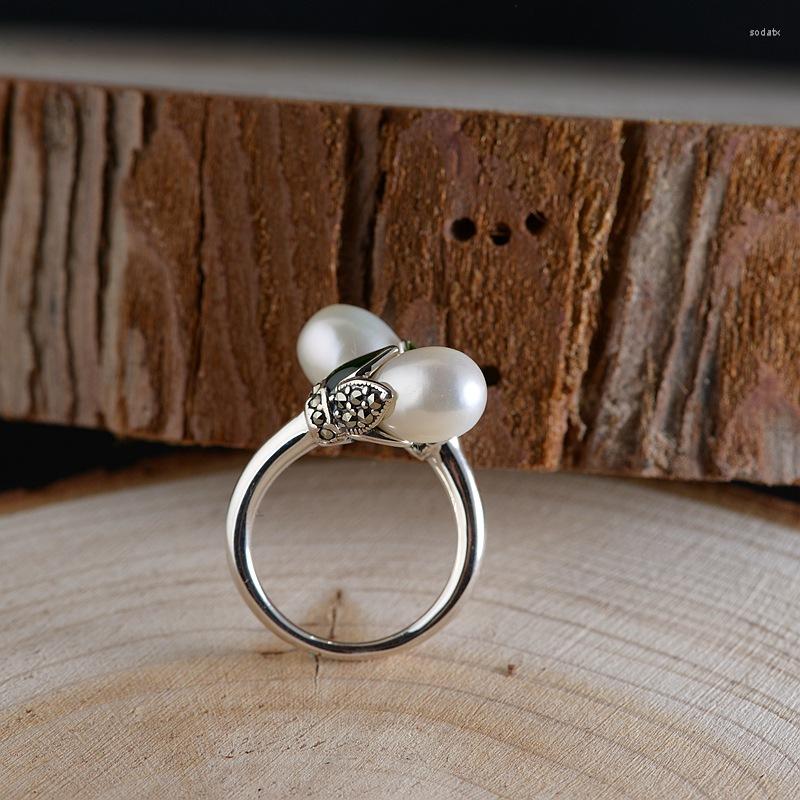 

Cluster Rings JADE ANGEL 925 Silver Vintage Thai Natural Freshwater Pearl Cross Section Simple Fashion Ring For Women