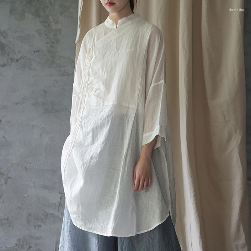 

Ethnic Clothing Chinese Stand-Up Collar Slant Skirt Lace Up Top 2023 Autumn Loose Cotton Linen Dress Simple Three-Quarter Sleeve Shirt