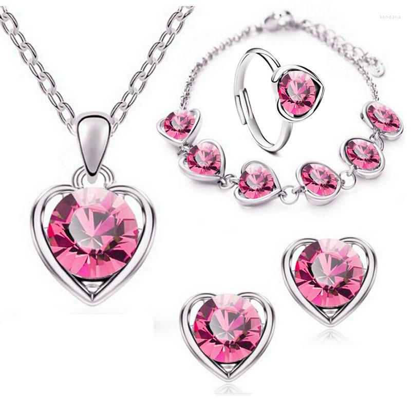 

Necklace Earrings Set Luxury Elegant Crystal Heart Bridal Alloy Adjustable Open Rings Bracelet Stud Earring Sets For Women Gifts, Picture shown