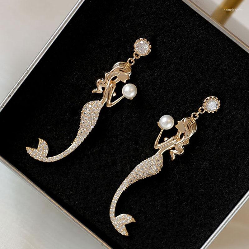 

Dangle Earrings Mermaid Trend For Women Super Fairy Alloy Electroplate Golden Jewelry Inlay Brick Luxurious Long Pearl