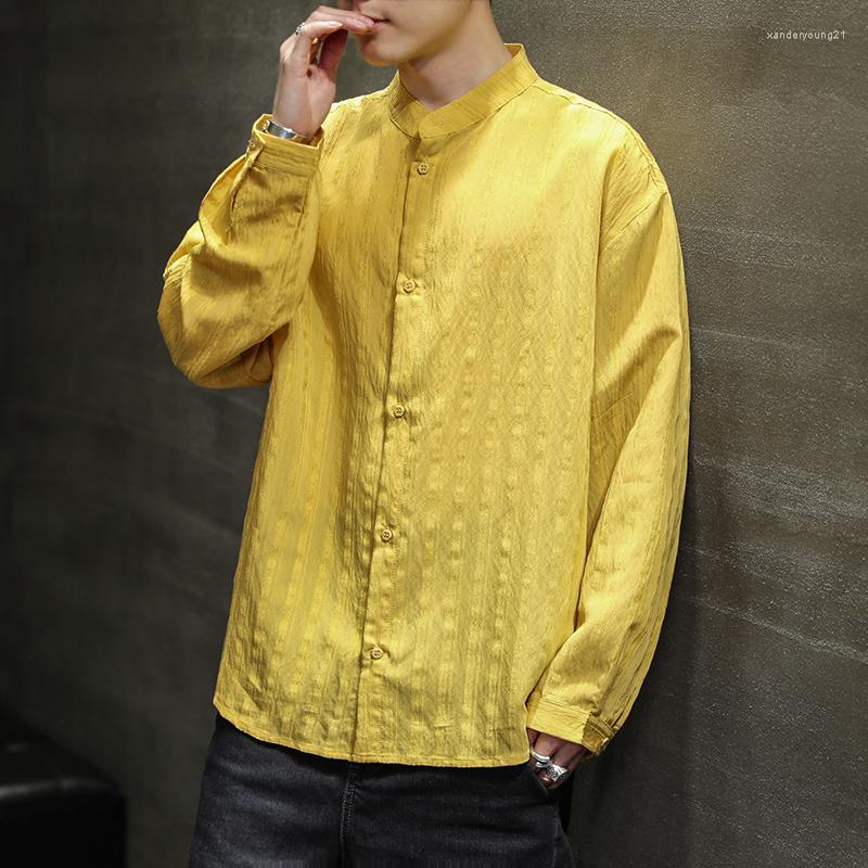 

Ethnic Clothing Quality Gold Stripe Silk Blouse Chinese Style Summer Cozy T Shirts Mens White National Stand Collar Tee