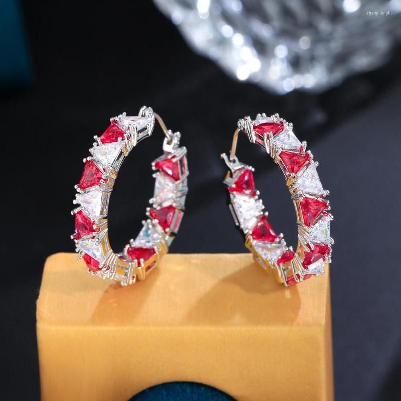 

Hoop Earrings BeaQueen Chic Triangle Shape Red White Cubic Zircon Double Sided Round Women Summer Party Jewelry Accessories E632