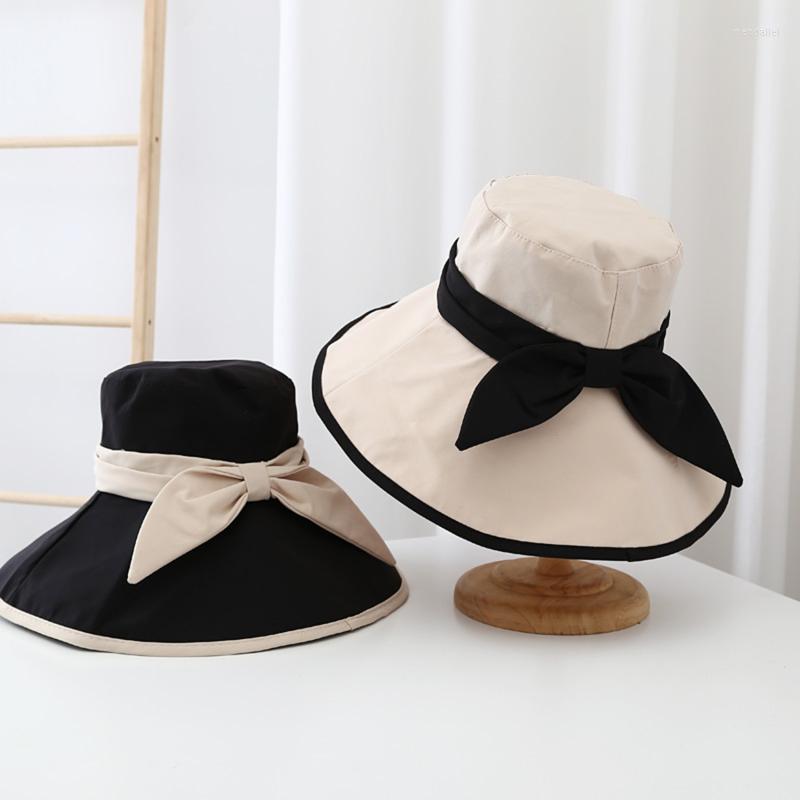 

Berets Spring Summer Bandage Bow Beach UV Anti Sun Cap Foldable Fashion Large Brim Bucket Hat For Women Fisherman, Khaki