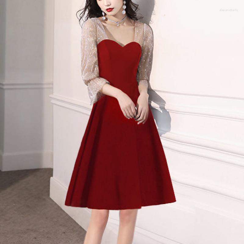 

Casual Dresses High Quality Women Red Patchwork Mesh Sleeve Slash Neck Sexy Midi Dress 2023 Summer Black Vintage Casaul Party Wedding, Red short