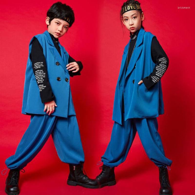 

Stage Wear Kids Festival Cool Hip Hop Clothing Suit Shirt Tops Sleeveless Jacket Streetwear Pants For Girls Boy Jazz Dance Costume Clothes, Blue vest top