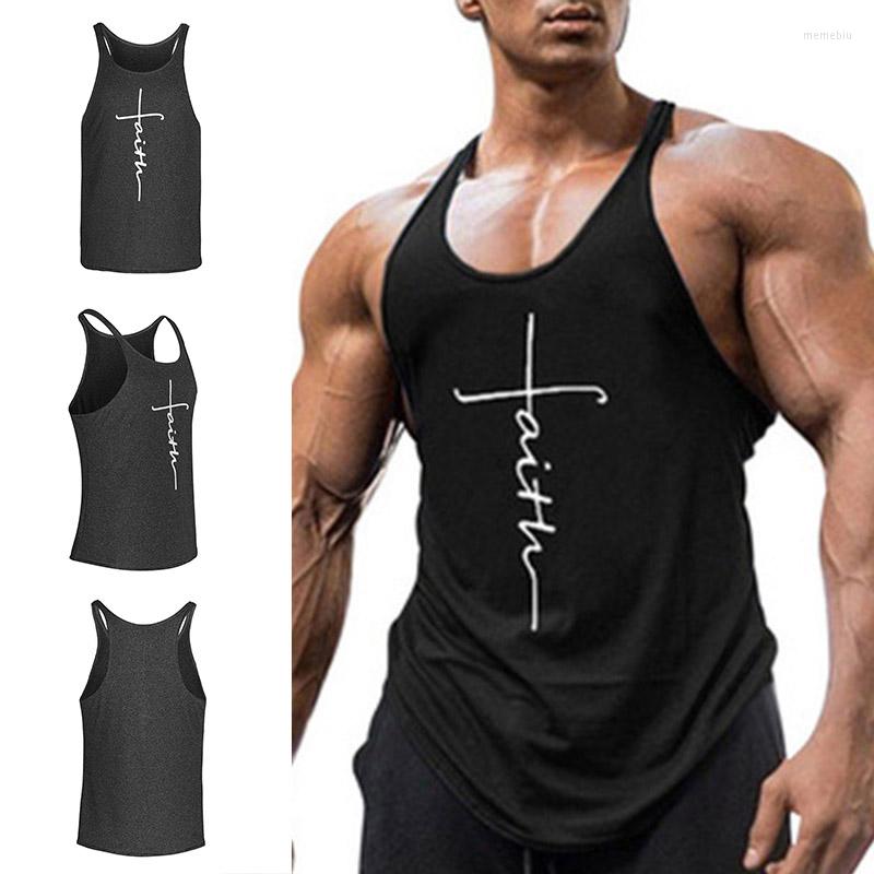 

Men's Tank Tops Men Sport Sleeveless Top Loose Shirt Letter Printed Casual Fitness Gym, White