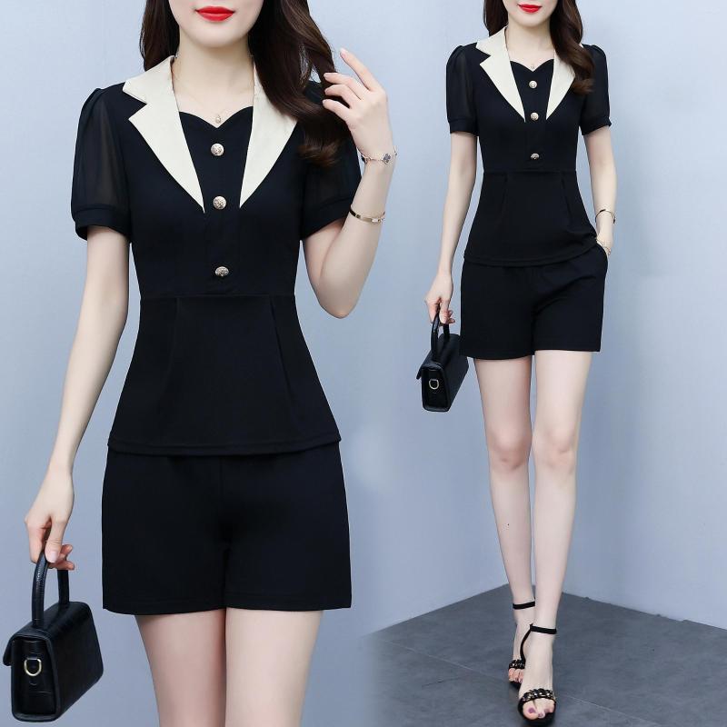 

Work Dresses 2023 Korea Fashion Large Women's Summer Tops Slim Black And Shorts 2Pcs Set, Black set