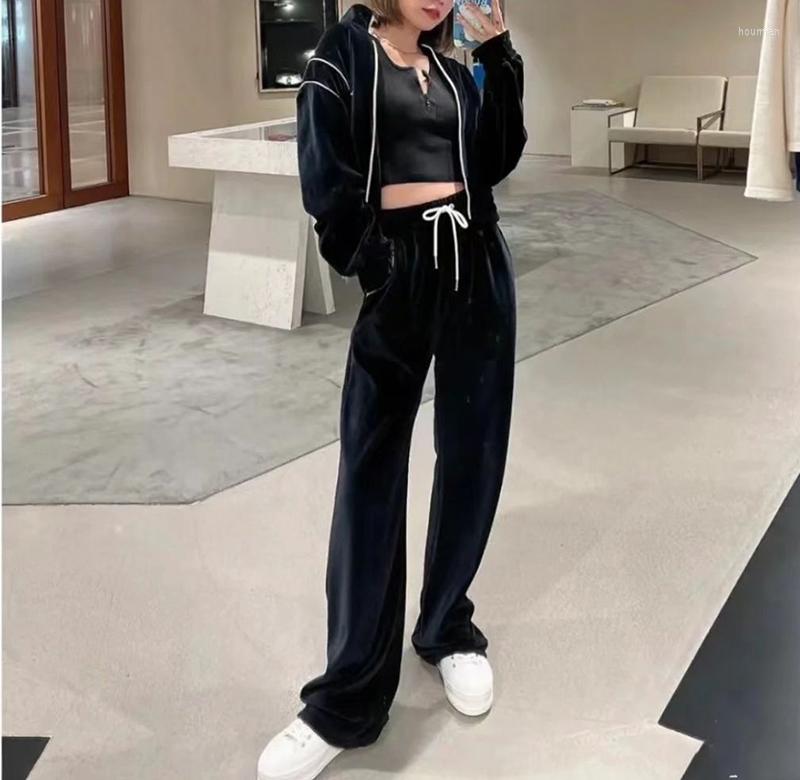 

Women' Two Piece Pants Unisex Casual Zipper Velvet Short Coat Elastic Waist Straight Trousers Sportswear Suit Women Outfits 2023 Pant Sets