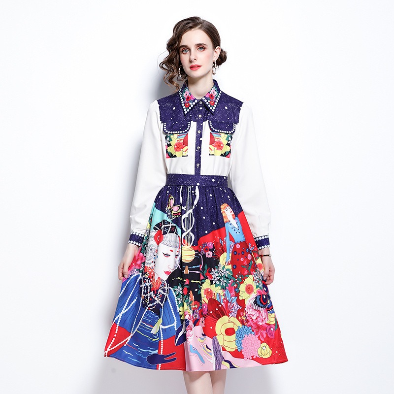 

2023 Summer New Fashion: European Station Women's Floral Print Shirt Skirt Suit, Long Sleeve, Lapel Collar, A-Line Silhouette - Casual Dresses, Sizes M, As the picture