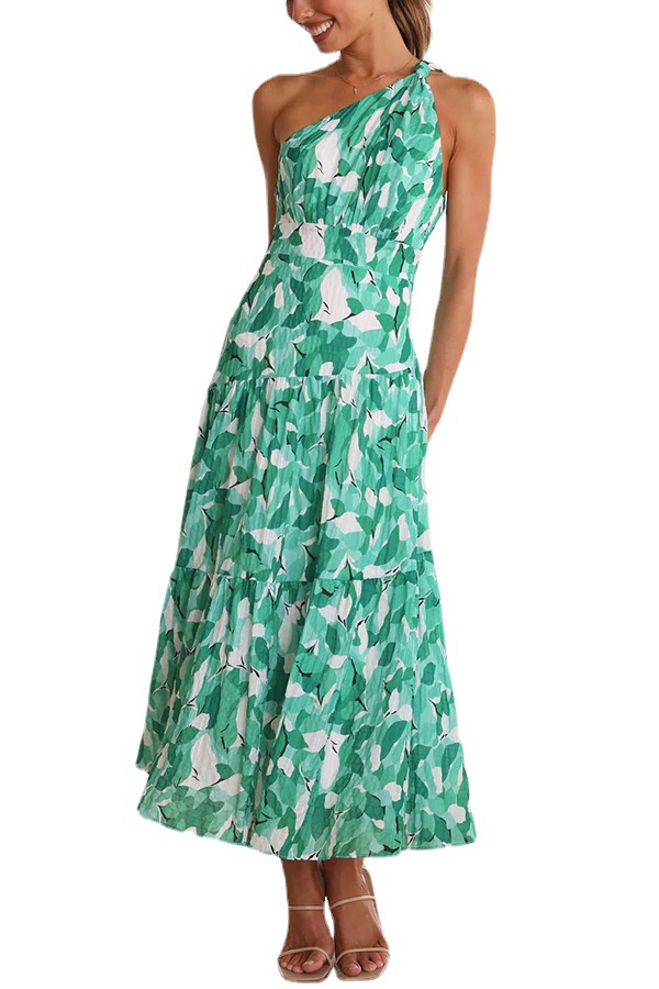 

Cross -border foreign trade independent Amazon Station 2023 Summer women' printed printed sleeveless shoulder -shaped long skirt dress, Green