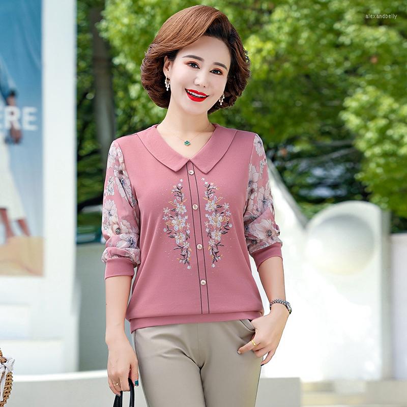 

Women's T Shirts Women's Chiffon Sleeve Knitting T-Shirt Spring Autumn Lapel Floral Tee Tops Casual Pullover Mother Clothes, Blue