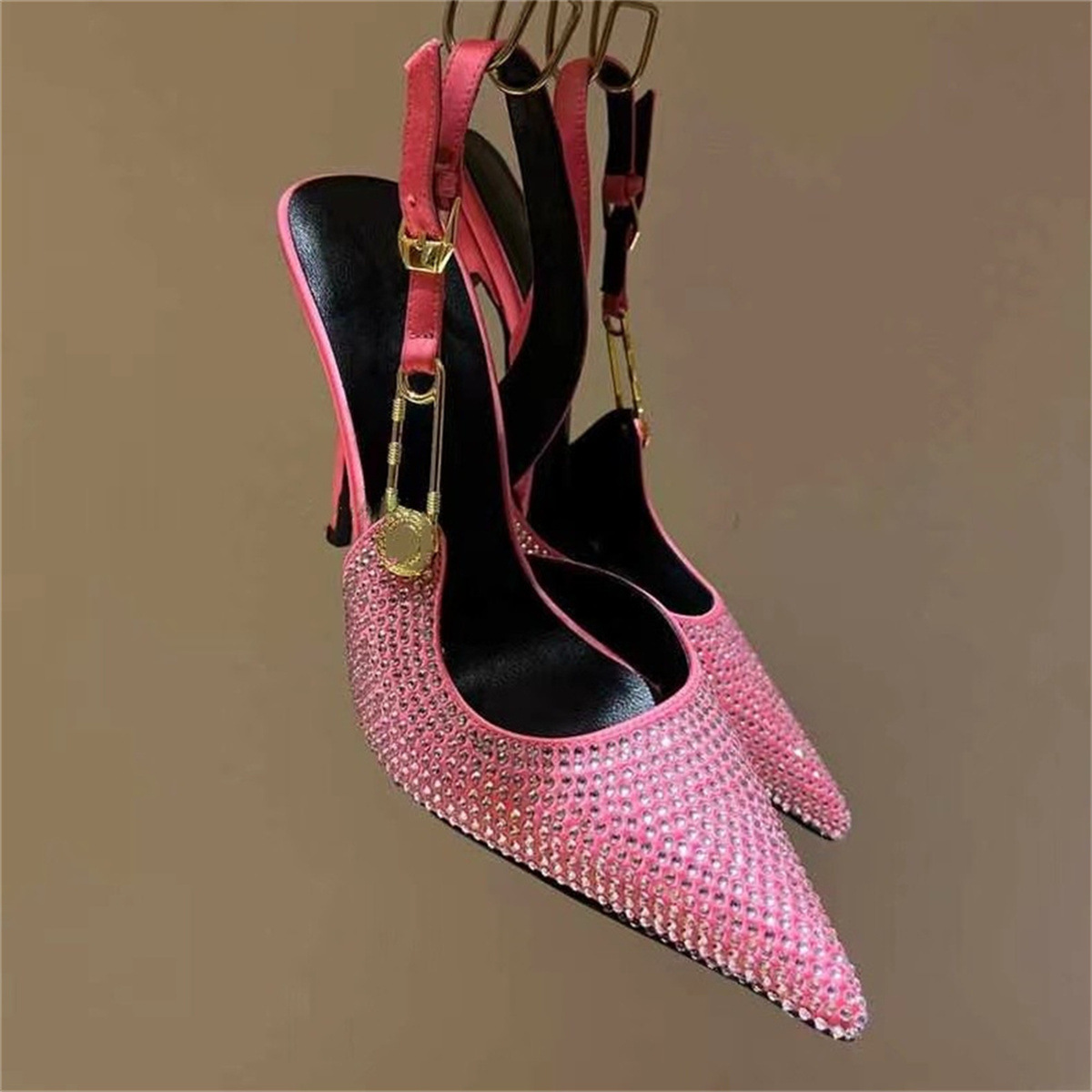 

Fashion Women Patent Leather High Heels Shoes Sexy Pointed Toe Metal Buckle Stiletto Sandals Lady Pink Rhinestone Shallow Pumps, Orange rhinestone