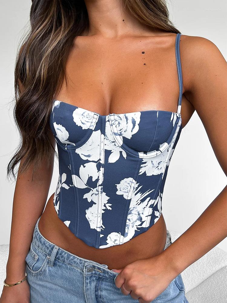 

Women' Tanks Print Slim Corset Nightclub Sexy Party Crop Top Women Spaghetti Strap Waist Wrap 2023 Summer Streetwear, Blue