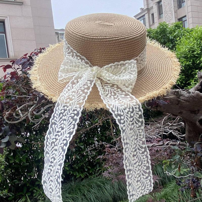 

Wide Brim Hats Women's Lafite Edge Splicing Hat Summer Literary Bow Flat Top Sun Shade Straw, Khaki