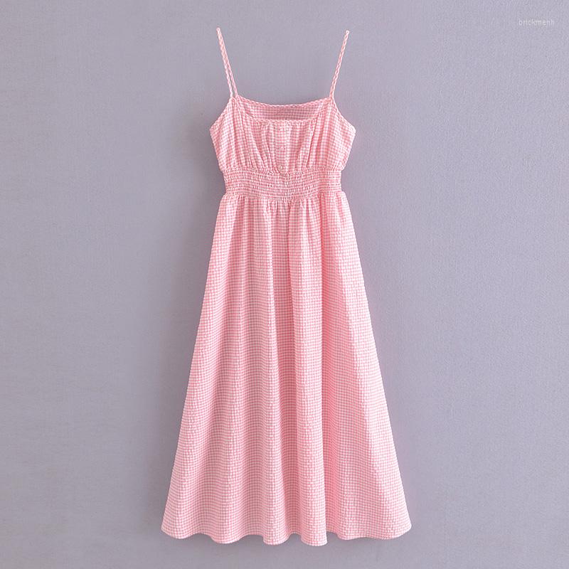 

Casual Dresses Women Summer Plaid Print Midi Dress Square Neck Spaghetti Strap 2023 Fashion Female Sleeveless Backless Sundress, Pink