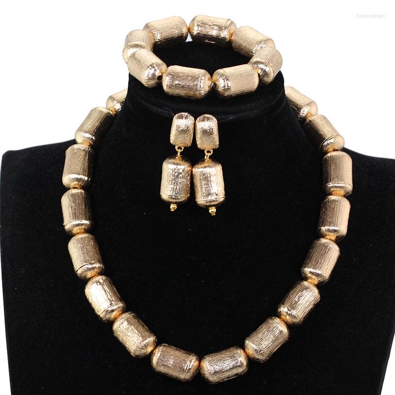 

Necklace Earrings Set Smooth Golden African Beads Bride Jewelry Nigeria Wedding Bracelet Wholesale P84-8, Picture shown