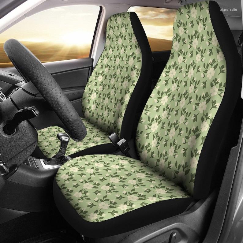

Car Seat Covers Mint Green With White Jasmine Flower Pattern Set Universal Fit Bucket Seats Cars Or SUVs Vintage Retro Style