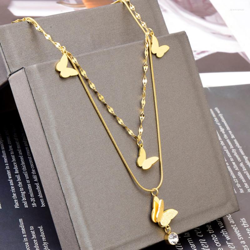 

Chains 316L Stainless Steel Frosted Butterfly Zircon Pendant Double Layer Clavicle Chain Necklace Ladies Fashion High Jewelry SAN326