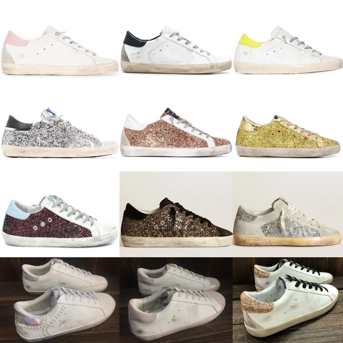 

Deluxe golden mens casual shoes super star sneakers Designer Pink Gold Brown Silver Glitter men women white do old dirty/golden/goose AUf, Star 33 silver shiny star