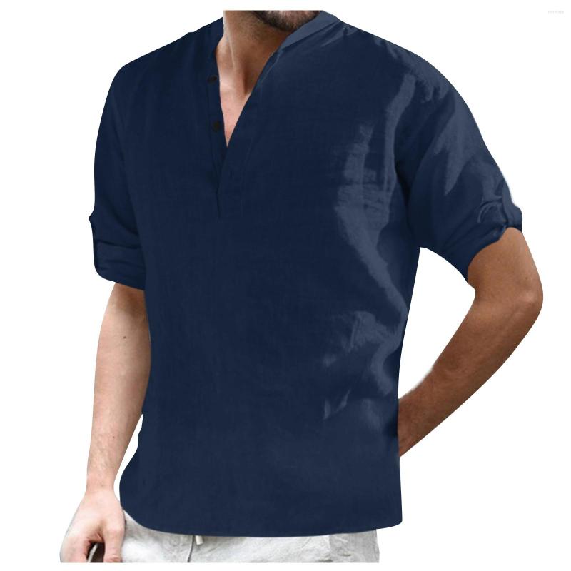 

Men's Casual Shirts High Quality Cotton Linen Blouses V-Neck Men's Clothing Simple Basic Shirt Solid Color Camisa Formal Sprnig Summer, White